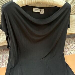 Chicos Travelers Black Cowl Neck Cap Sleeve Tunic Top 3 XL Vacation Minimalist